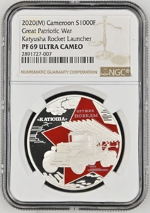 1000 FRANCS 2020 CAMEROON VICTORY WEAPON KATYUSHA SILVER PROOF NGC PF69 - Picture 1 of 4