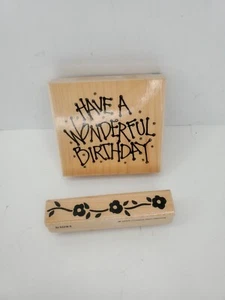 2~Vtg. 1994 & 1997 Printworks Wood Rubber Stamps Birthday & Floral Border - Picture 1 of 4