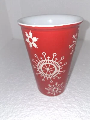 St. Nicholas Square 12oz  Red Travel Mug Snowflakes Ceramic Tumbler with lid - Image 1 of 4