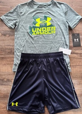 NWT Under Armour Little Boys 7 Gray Heather/Navy/Yellow Logo Shorts Set - Image 1 of 3