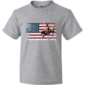 Inktastic Rodeo Bull Riding Patriotic Youth T-Shirt Rider Us Vintage Distressed - Picture 1 of 4