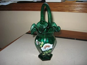 Fenton Art Glass Emerald Green Large Basket With Hand Painted Florals - Picture 1 of 4