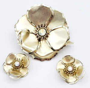 Broche de flores y pendientes de clip conjunto de joyas vintage pedrería tono dorado js- - Imagen 1 de 4