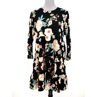Vestido Zara Mujer XL Negro Rosa Floral En Niveles Trapecio Columpio Ligero Carrera Foto 1 de 4