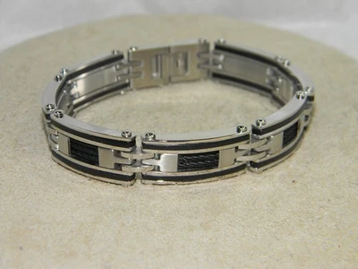 Pulsera de eslabones de acero inoxidable BI para hombre con cable negro y goma Foto 1 de 4