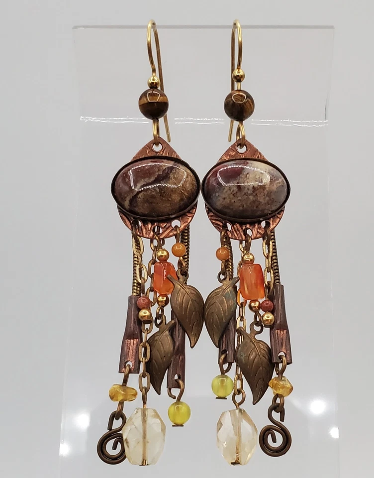 Pendientes Piedra Jaspe 2.5 pulgadas Artesanales Ojo de Tigre Cornalina Tono Tierra Cuentas Boho Foto 1 de 4