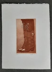 Original Radierung von Margrit Ewert handsigniert Cowboy Stiefel Schuhe 1981 - Bild 1 von 5