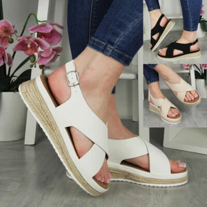 Sandals Wedges Shoes Hessian Ladies Cushioned Buckle Comfy Womens Summer Sizes - Imagen 1 de 25