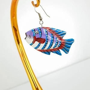 Pretty Whimsical Fish Earrings ~ Wood ~ Hand Painted ~ Aqua Blue Fish Jewelry - Picture 1 of 8