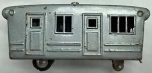 Grey die-cast toy camper trailer (1950s?) (aluminum?) unknown origin, model car