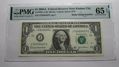 $1 2003 Radar Serial Number Federal Reserve Currency Bank Note Bill PMG UNC65EPQ - Image 1 of 3