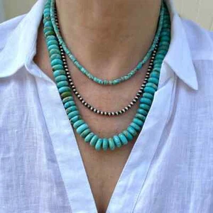 12mm Genuine Blue Green Kingman Arizona Large Turquoise Rondelle Beaded Necklace - Picture 1 of 9