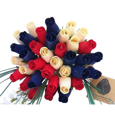 Patriotic Red White & Blue Flower Bouquet. The Original Wooden Rose 1, 2, 3 Doz - Image 1 of 2