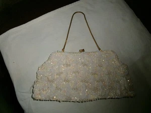 VINTAGE 'MADE IN HONG KONG' HAND-BEADED BAG-WHITE SEQUINS, BEADS, PEARLS-NICE! - Picture 1 of 9