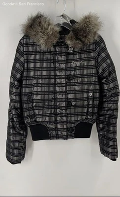 Chaqueta parka con capucha de piel manga larga a cuadros gris negra de Sean John talla pequeña Foto 1 de 4