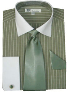 Men's Striped Formal Casual Dress Shirt with French Cuff Links,Tie and hanky 