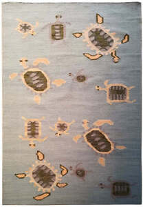 5' x 7'  Blue Turtle Pattern handmade Wool Contemporary rug #F-5781