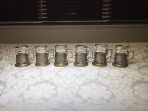 20th Century Persian Handicraft Alloy Tea Cup Holder Set of 6 w Glass Cup Insert - Picture 1 of 24