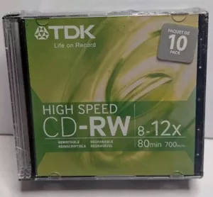 Sealed TDK High Speed CD-RW 10-Pack 80min 700MB/Mo 8-12x Slim Case Rewritable - Picture 1 of 4