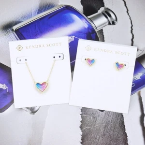 CLEARANCE!! NWOT Kendra Scott Ari Heart Watercolor Necklace Earrings SET Gold - Picture 1 of 7