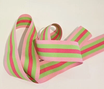 Cinta de grosgrain de dos caras a rayas rosa y verde dos tonos Preppy 5 yardas 1,5" Foto 1 de 3