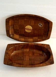 MCM Vintage Weavewood Serving Tray Bowl Walnut Wood Brown Checkered 2 piece set - Picture 1 of 20
