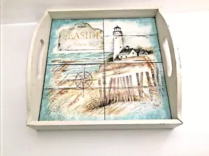 "Vassoio da portata vintage con 4 pannelli piastrelle scena spiaggia faro bussola mare 13x12,5" - Foto 1 di 12
