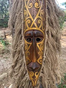 Tribal Primitive African Tiki Tattoo Art Mask with Hair 39”x 6” - Picture 1 of 7
