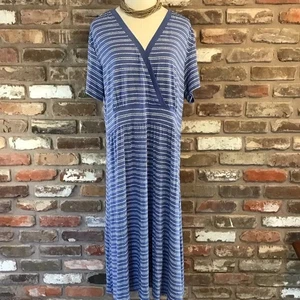 L.L. Bean Damen blau weiß gestreift V-Ausschnitt Kurzarm Midikleid 2X - Bild 1 von 6