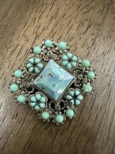 Vintage Brosche Silber filigran Blumen mit Türkis Cabochons - Bild 1 von 4