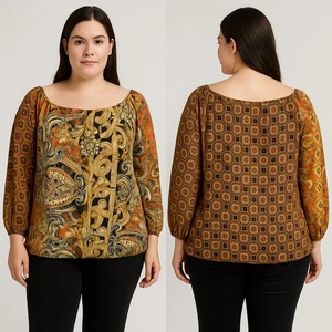 Top Dressbarn Mujer 2X Multi Paisley Patchwork Boho Manga Globo Dobladillo Burbuja - Imagen 1 de 9