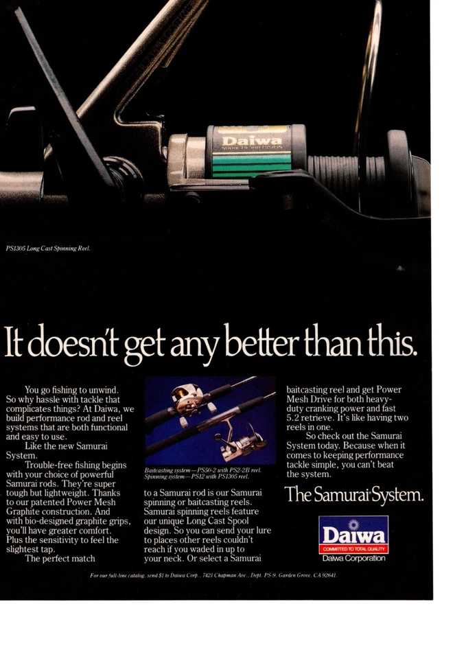 CARRETE GIRATORIO DE FUNDICIÓN LARGA DAIWA de la década de 1990 anuncio impreso de pesca del sistema samurai Foto 1 de 1