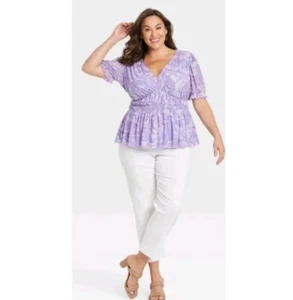 Ava Viv Women's Plus Purple Swirl Puff V-Neck Nylon Mesh Top Size X (14W) - Picture 1 of 8
