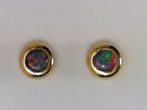 OPAL DOUBLETS INLAID IN ROUND SHAPE STUD EARRINGS (14 Kt Yell Gold)- - Picture 1 of 5