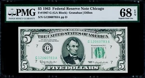 $5 1963 Federal Reserve Note Chicago Fr#1967-G PMG 68 EPQ Superb Gem Uncirculate - Picture 1 of 3