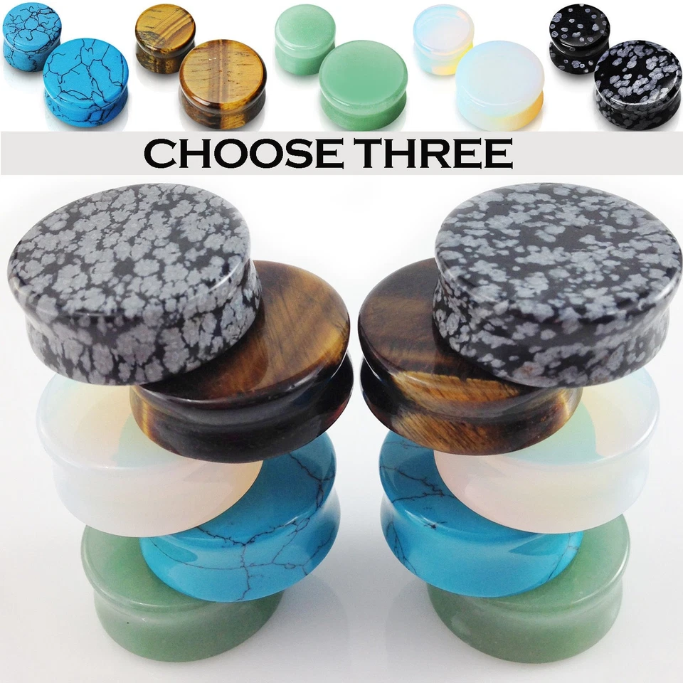 Semi Precious Stone Saddle Ear Plugs Gauges 3 PAIRS! Opalite Jade Turquoise MORE - Image 1 of 1