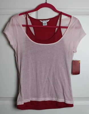 NWT Y2K 00s One Step Up Light/Dark Pink Layered Tank/T-Shirt Sheer Lightweight L - Image 1 of 3