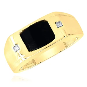 0.01CTW Real Diamond 10K Yellow Gold Black Onyx Signet Ring - Picture 1 of 2
