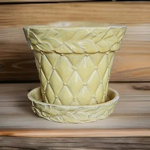 Vintage McCoy Pottery Yellow Quilted Diamond Leaf 6" Flower Pot w/ Saucer MCM - Picture 1 of 8
