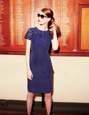 NUEVO CON ETIQUETAS VESTIDO ALEGRA BODEN Royal Indigo Púrpura Encaje Yugo Borde Funda Seda M 10 Foto 1 de 4