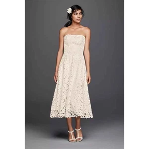 Galina Floral Cutout Eyelet Lace Tea Length Strapless Wedding Reception Dress-2 - Picture 1 of 8