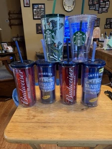 LOT 2 BUDWEISER, 2 VANDALAY 20oz 2 STARBUCKS 16oz TUMBLERS-STRAWS, LIDS Box 22 - Picture 1 of 5