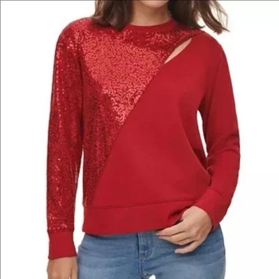 Pullover DKNY Rojo Lentejuelas Recortado Talla M Navidad Día Santo Foto 1 de 4