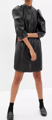 NOVO GAP Feminino Tamanho XS Puff Manga 3/4 Mini Vestido Camisa Couro Sintético Preto Novo com etiquetas - Imagem 1 de 4