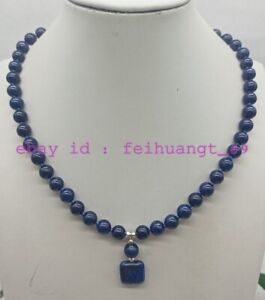 Charming 8mm Blue Lapis Lazuli Round Bead & Square Pendant Necklace 18"