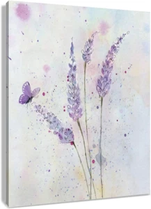 Lavender Canvas Wall Art Butterfly with Purple Flower Artwork Elegant Paintings - Picture 1 of 12
