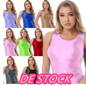 DE~Glossy Shirt Damen Sexy Ärmellos Nylon Unterhemd Stretch Öl Glänzend Tank Top - Bild 1 von 69
