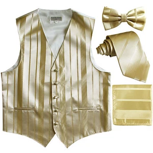 New Men's stripes Tuxedo Vest Waistcoat & necktie & Bow tie & Hankie Gold Beige - Picture 1 of 5
