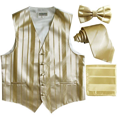 New Men's stripes Tuxedo Vest Waistcoat & necktie & Bow tie & Hankie Gold Beige - Image 1 of 4