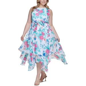 NEW CALVIN KLEIN WHITE BLUE FLORAL CHIFFON FIT AND FLARE DRESS SIZE 16 W WOMEN - Picture 1 of 3